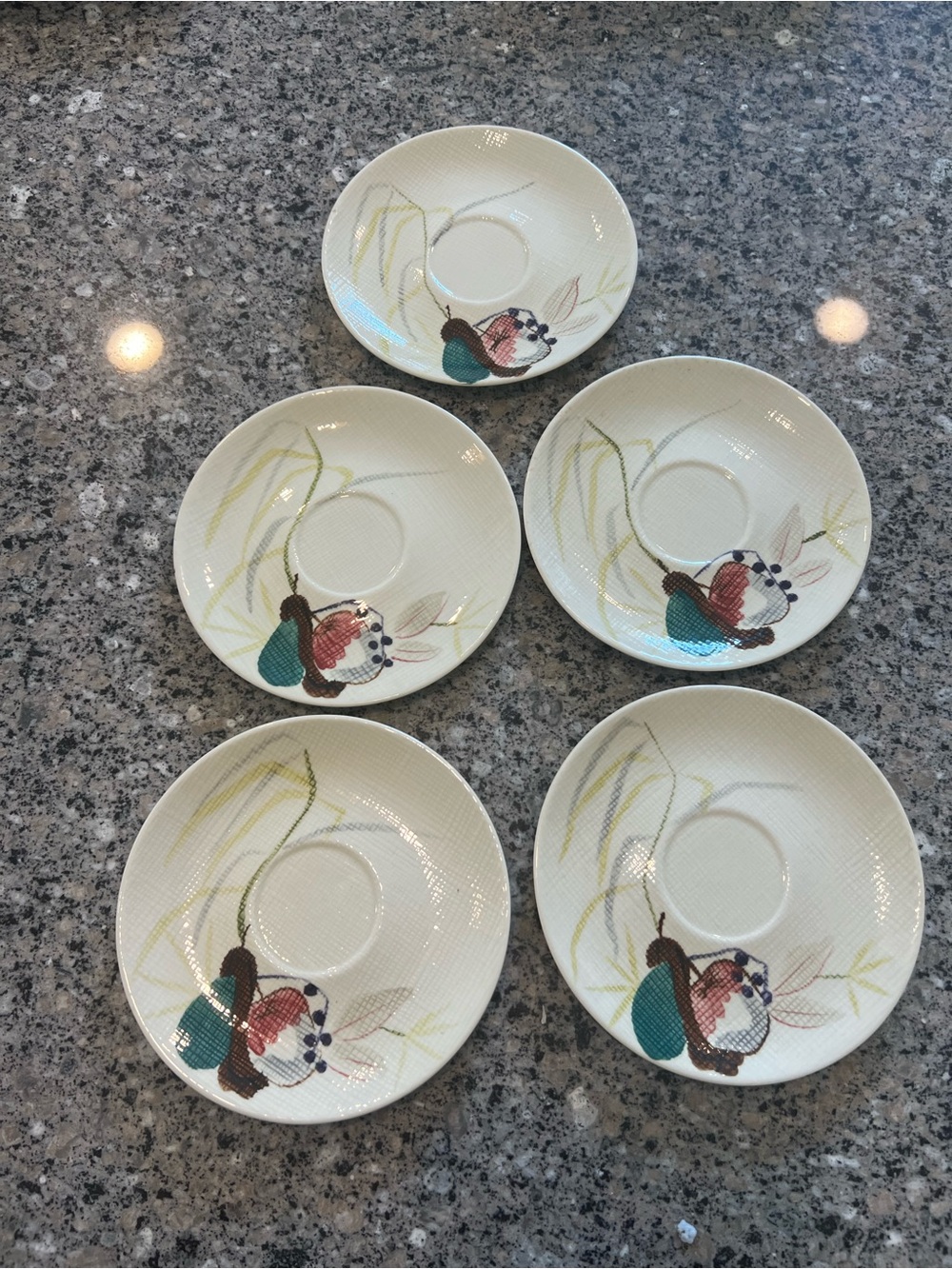 VTG USA Redwing Bird Pattern Ceramic Saucers in Cream and Teal